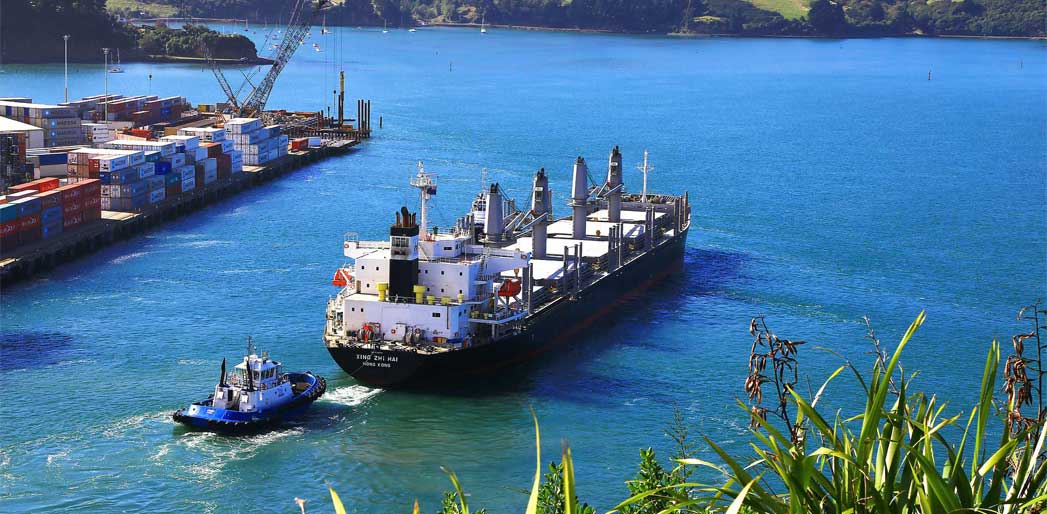 Container ship leving port of New Zealand.