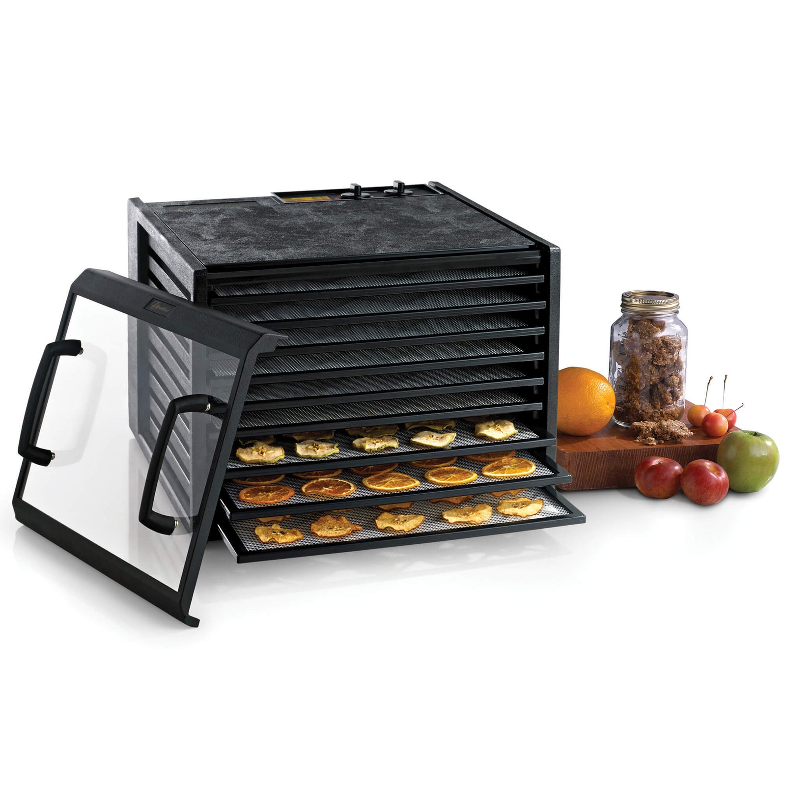 Excalibur 4926TCD 9 tray dehydrator with clear door propped to the side, and fruit on the trays.
