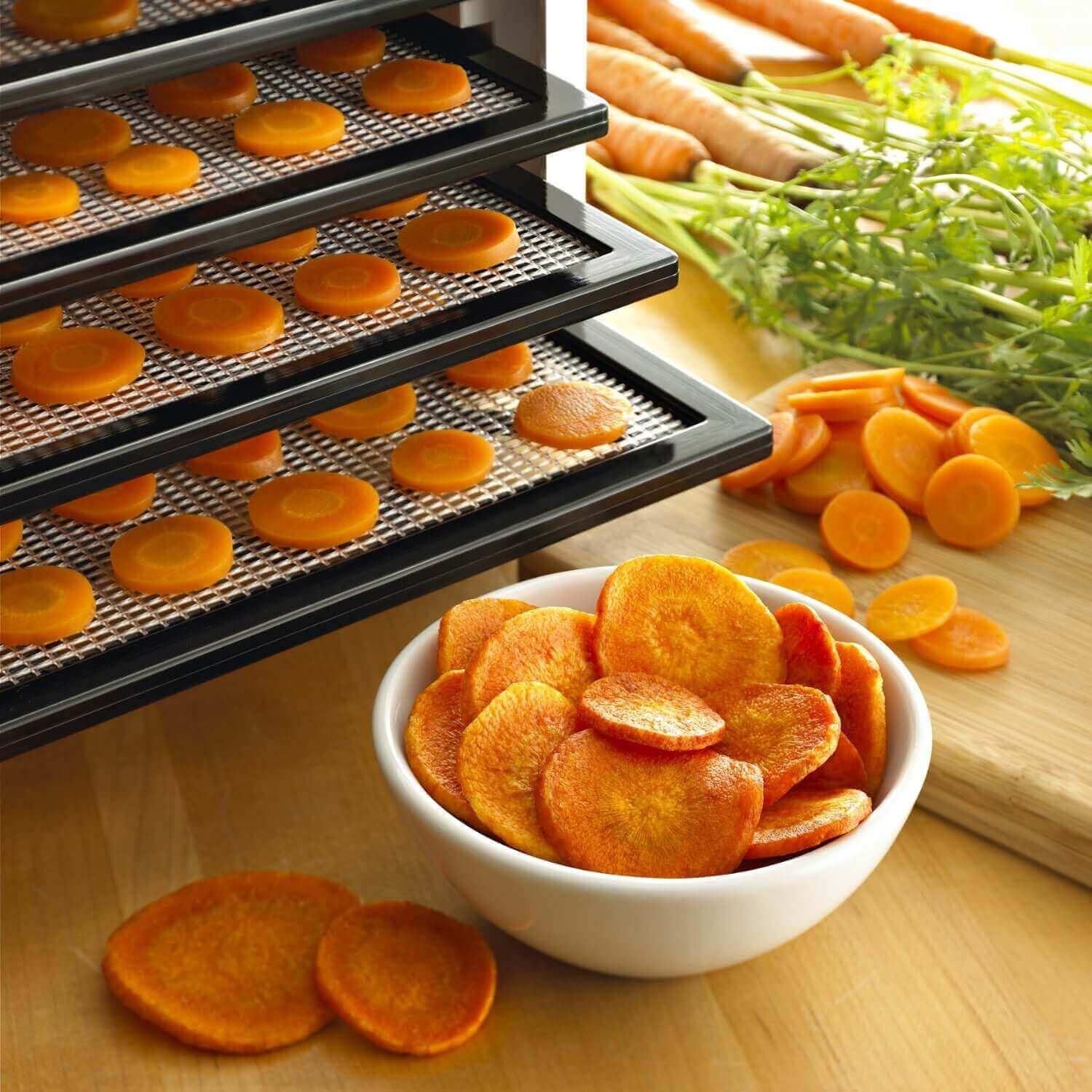 Bowl of carrots placed in front of an Excalibur 4500B dehydrator.