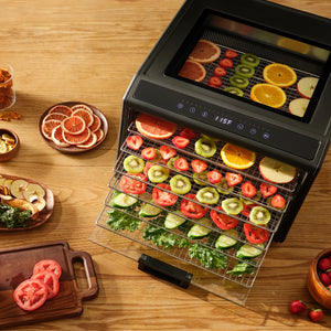 Excalibur DH06SS dehydrator with food on pulled out trays.