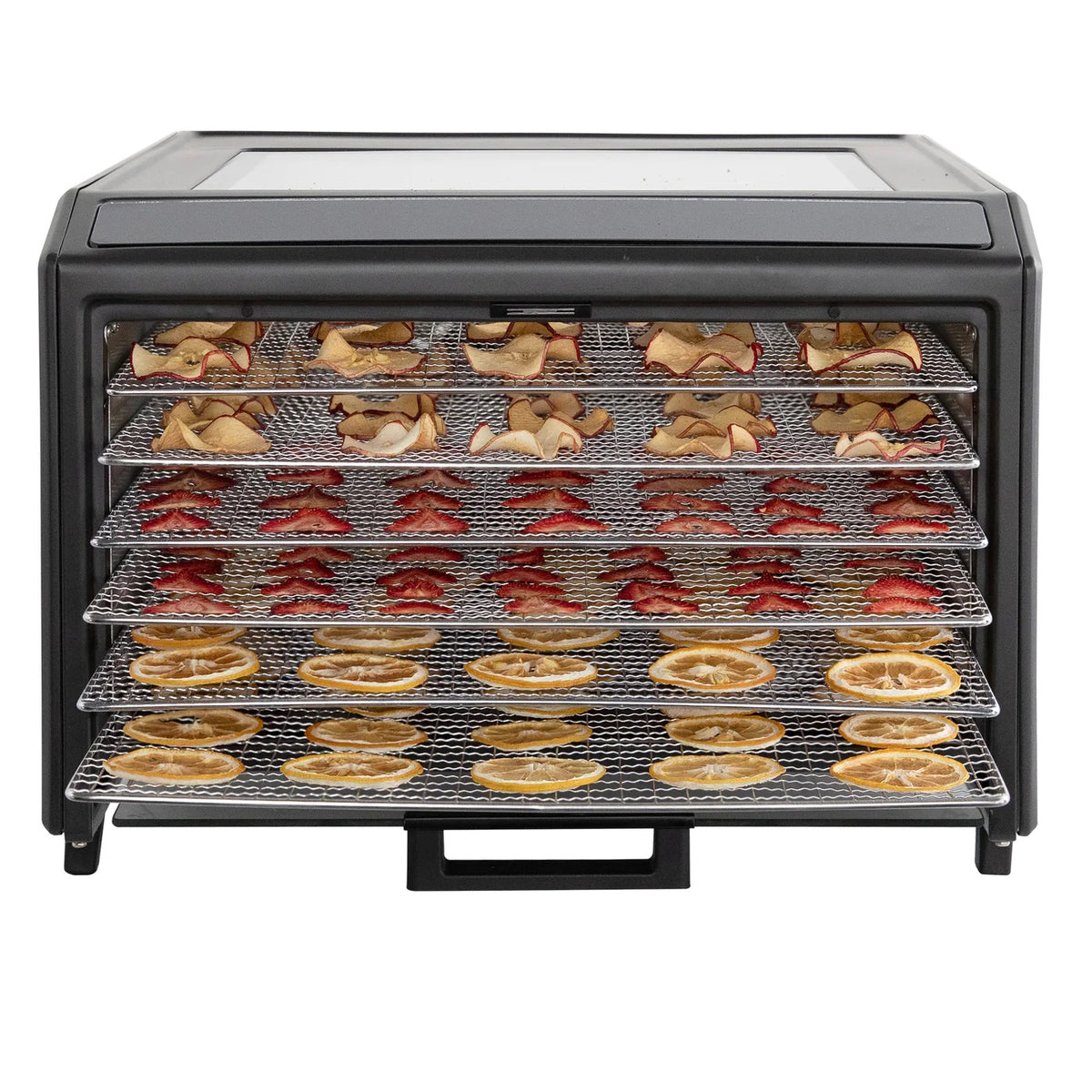 Excalibur DH06SS dehydrator front view with door open and food on trays.