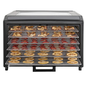 Excalibur DH06SS dehydrator front view with door open and food on trays.