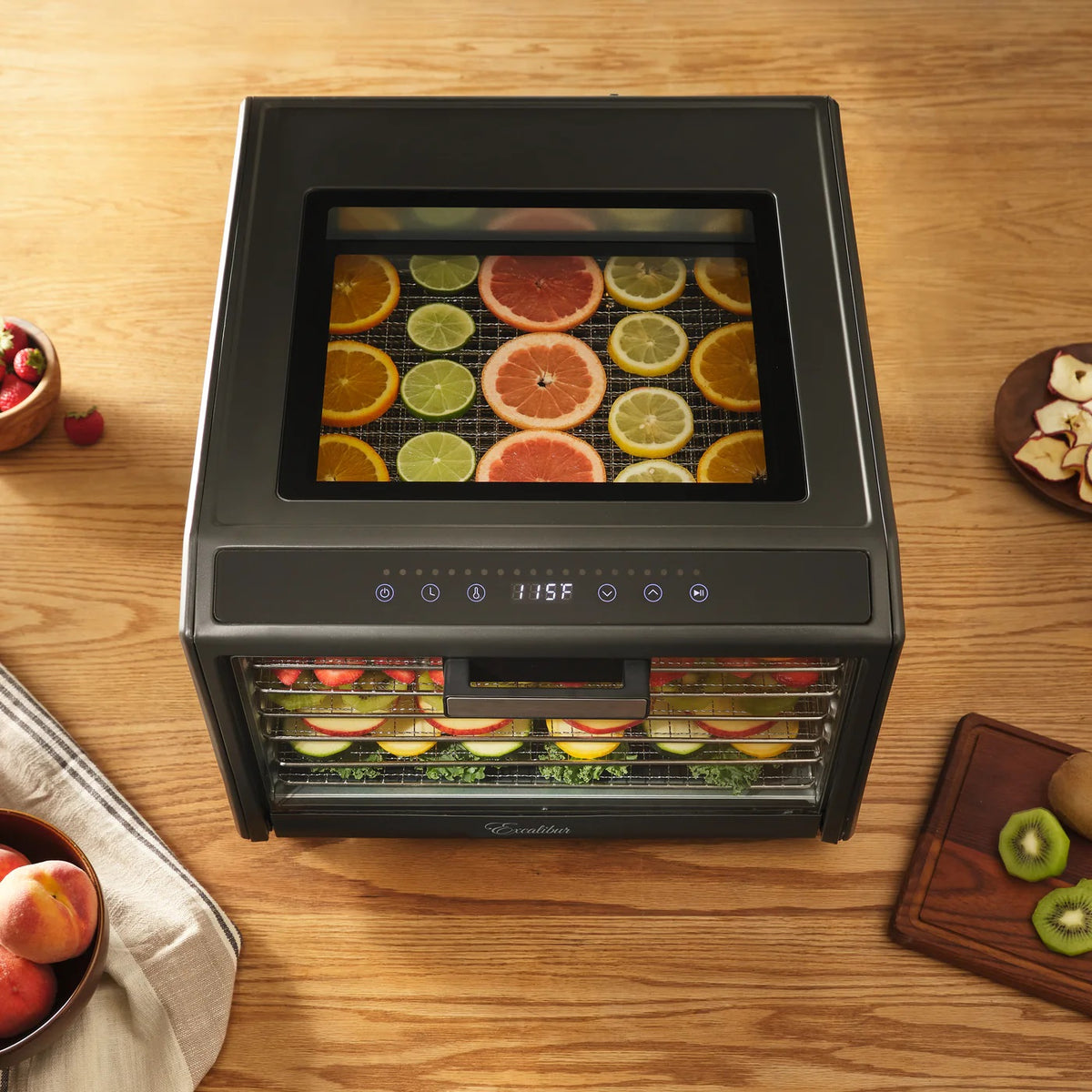 Excalibur DH06SS dehydrator top view of clear window with food on trays.