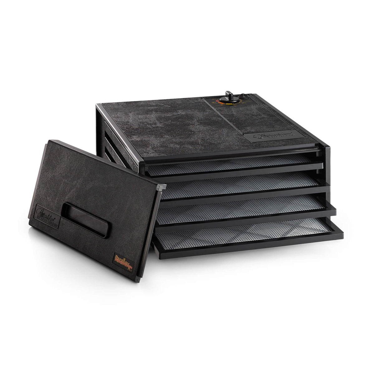 Excalibur 4400 4 tray compact dehydrator with door propped to the side and trays pulled out.