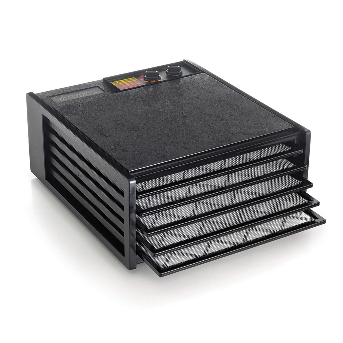 Excalibur 4526TB 5 tray dehydrator with trays pulled out.