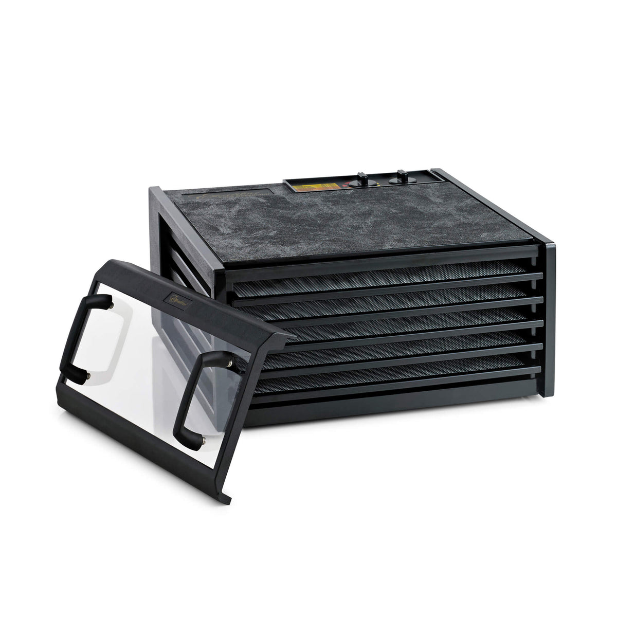 Excalibur 4526TCDB 5 tray dehydrator with clear door propped to the side and trays in.