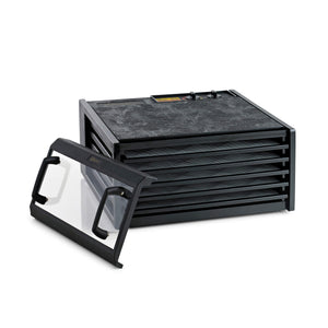 Excalibur 4526TCDB 5 tray dehydrator with clear door propped to the side and trays in.