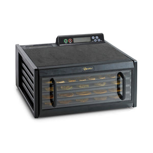 Excalibur 4548CDB 5 tray digital dehydrator with clear door closed and food on the trays.