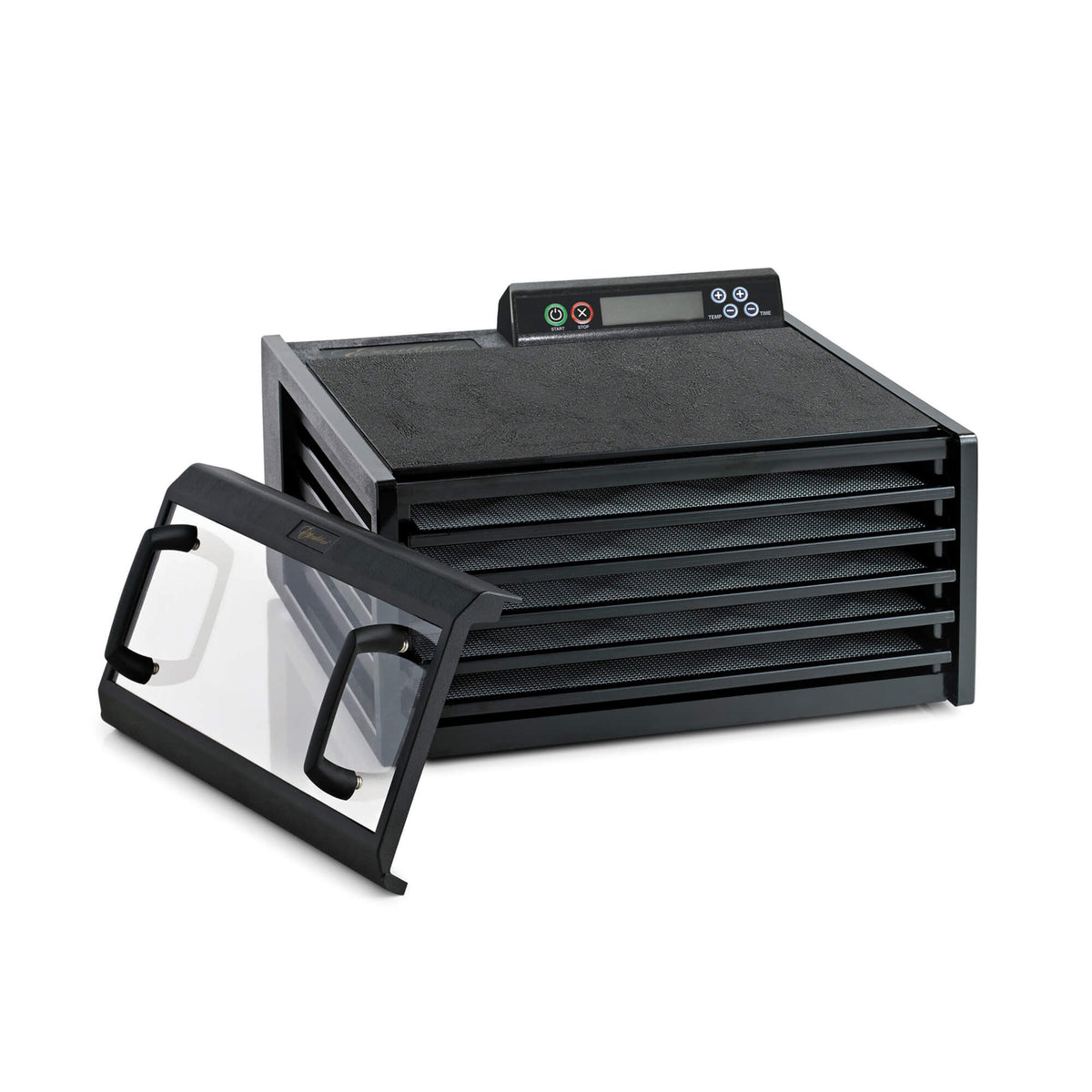 Excalibur 4548CDB 5 tray digital dehydrator with clear door propped to the side and trays in.