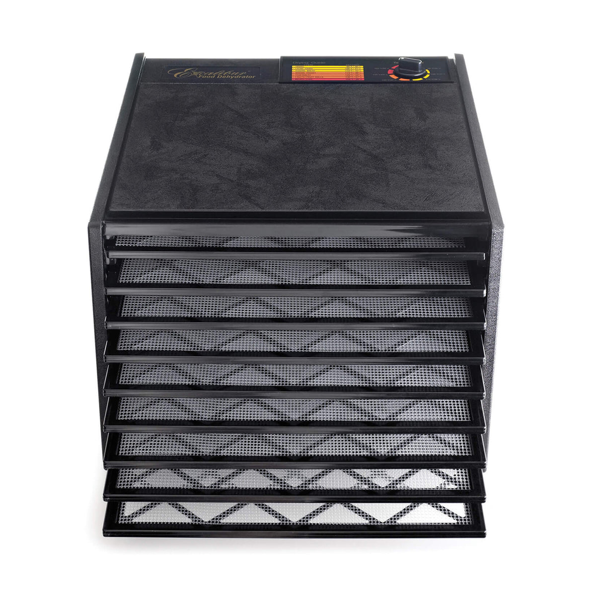 Excalibur 4900B 9 tray dehydrator front view with trays pulled out.