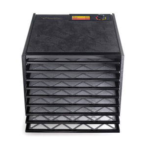 Excalibur 4900B 9 tray dehydrator front view with trays pulled out.