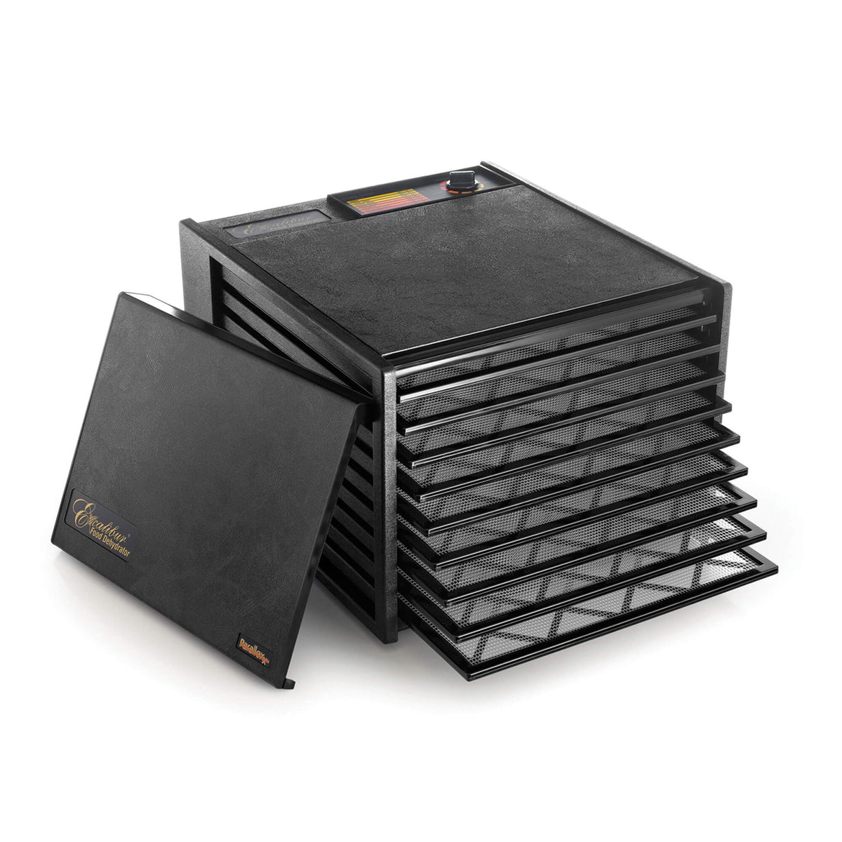 Excalibur 4900B 9 tray dehydrator with door propped to the side and trays pulled out.