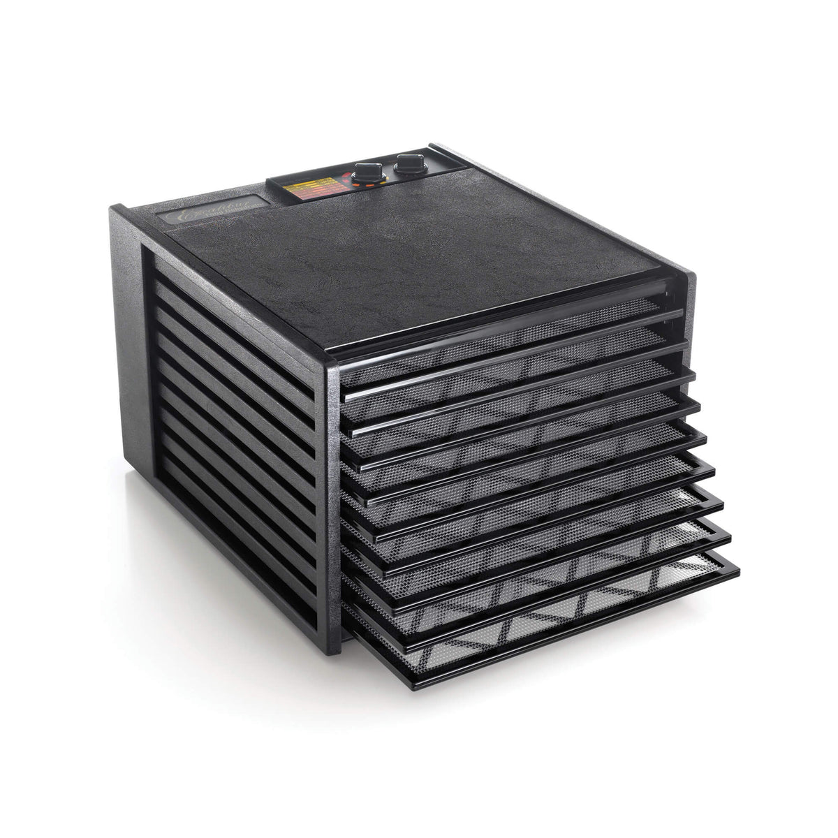 Excalibur 4926TB black 9 tray dehydrator with trays pulled out.