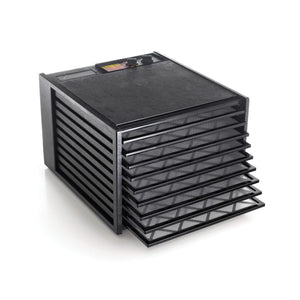 Excalibur 4926TB black 9 tray dehydrator with trays pulled out.