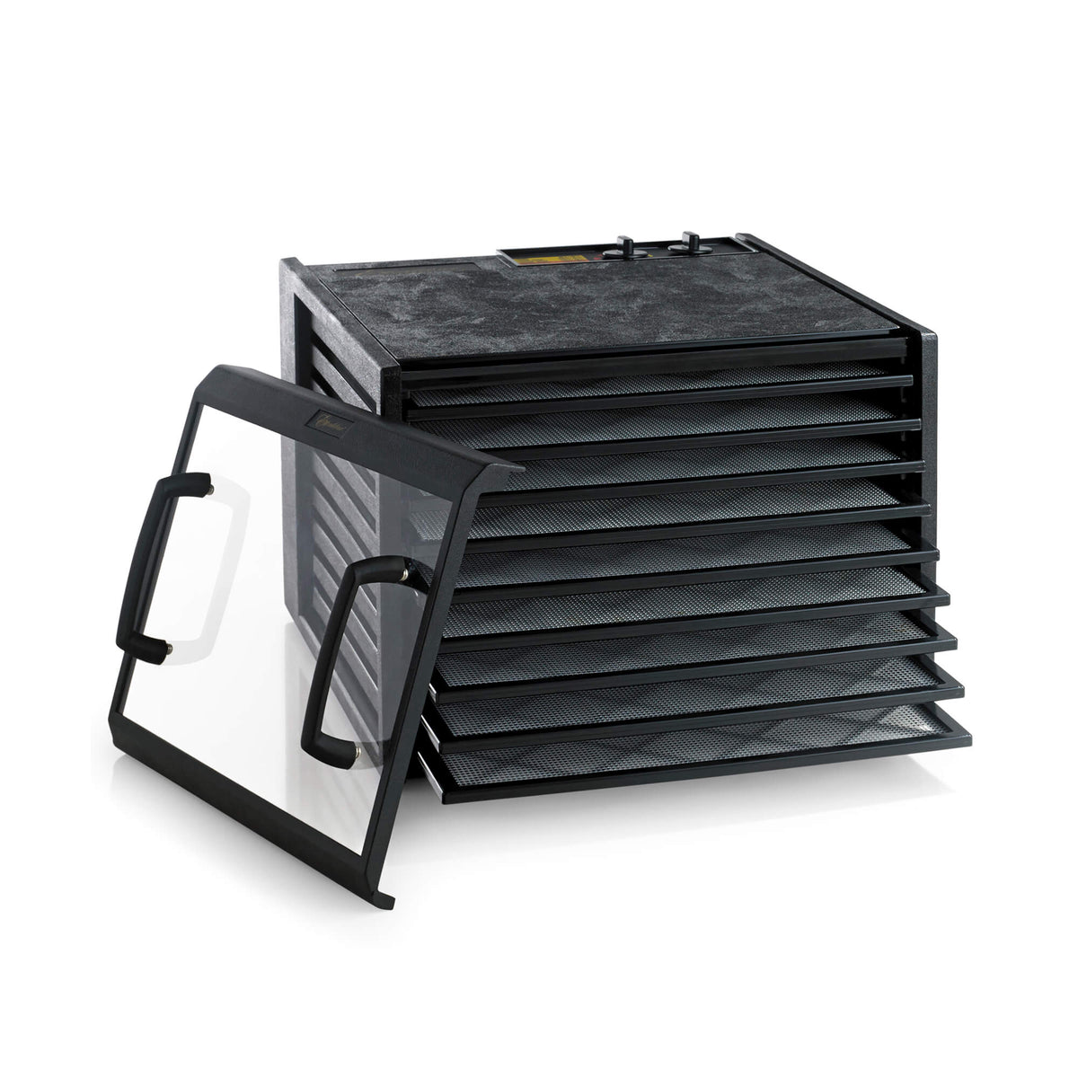 Excalibur 4926TCDB 9 tray dehydrator with clear door propped to the side and trays pulled out.