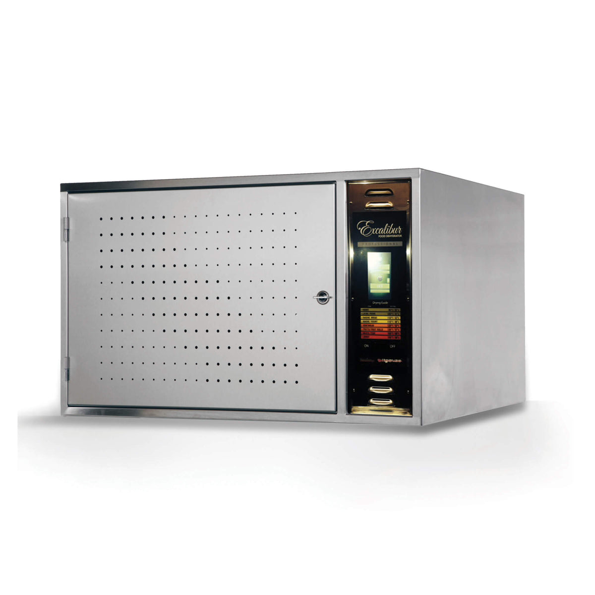 Excalibur COMM1 12 tray stainless steel commercial digital dehydrator with door closed.