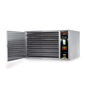 Excalibur COMM1 12 tray stainless steel commercial digital dehydrator with door open.