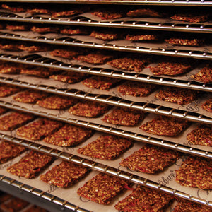 Excalibur COMM2 42 tray stainless steel commercial digital dehydrator with food on the trays.