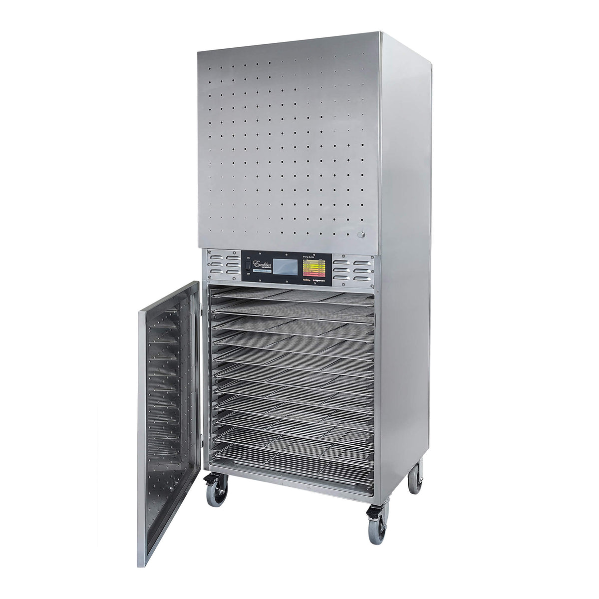 Excalibur COMM2 42 tray stainless steel commercial digital dehydrator with bottom door open.