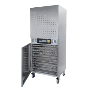 Excalibur COMM2 42 tray stainless steel commercial digital dehydrator with bottom door open.