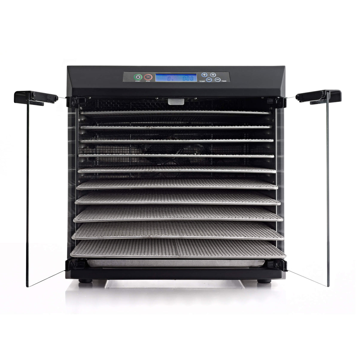 Excalibur EXC10EL 10 tray stainless steel digital dehydrator front view with glass armoured doors open and trays pulled out.