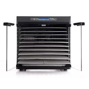 Excalibur EXC10EL 10 tray stainless steel digital dehydrator front view with glass armoured doors open and trays pulled out.