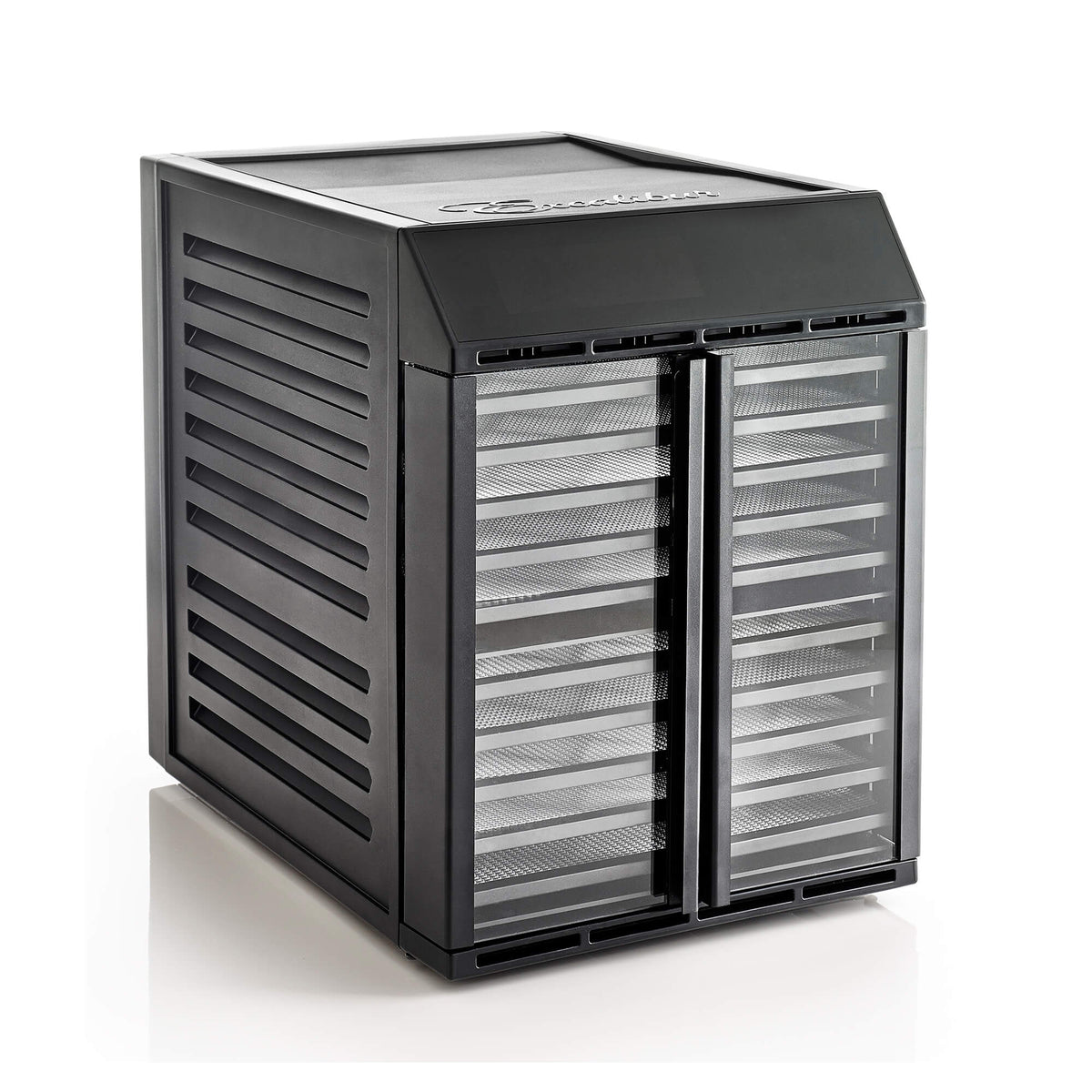 Excalibur RES10 10 tray compact digital dehydrator with clear hinged doors closed and display unlit.