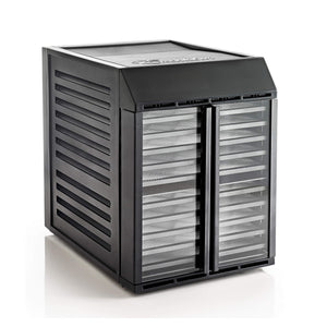 Excalibur RES10 10 tray compact digital dehydrator with clear hinged doors closed and display unlit.