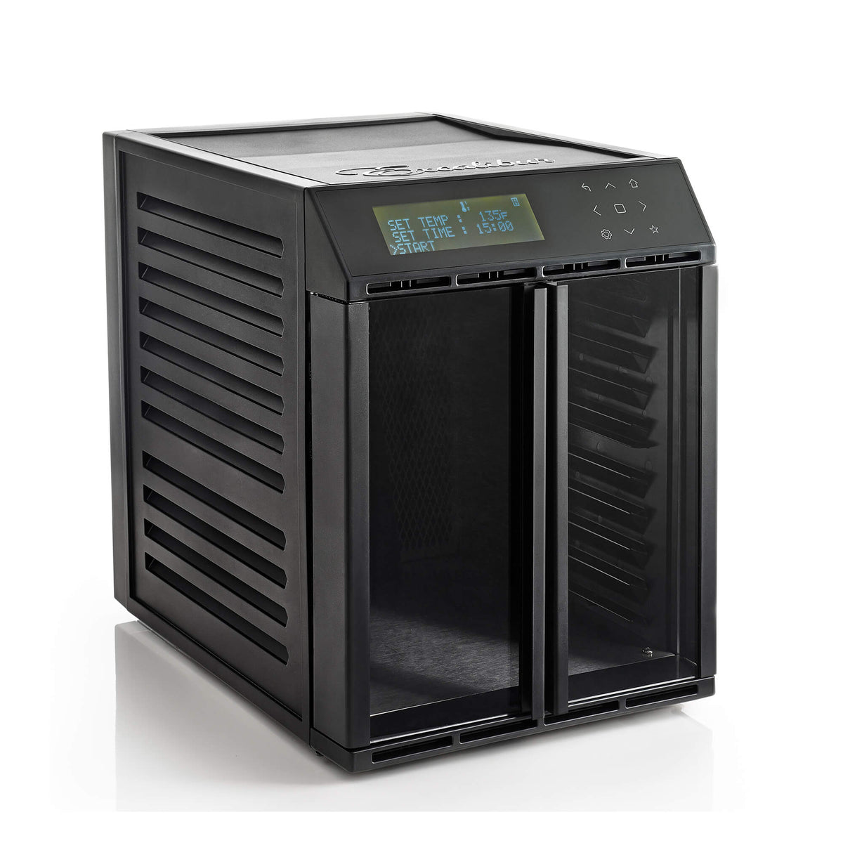 Excalibur RES10 10 tray compact digital dehydrator with clear hinged doors closed with display active and no trays loaded.