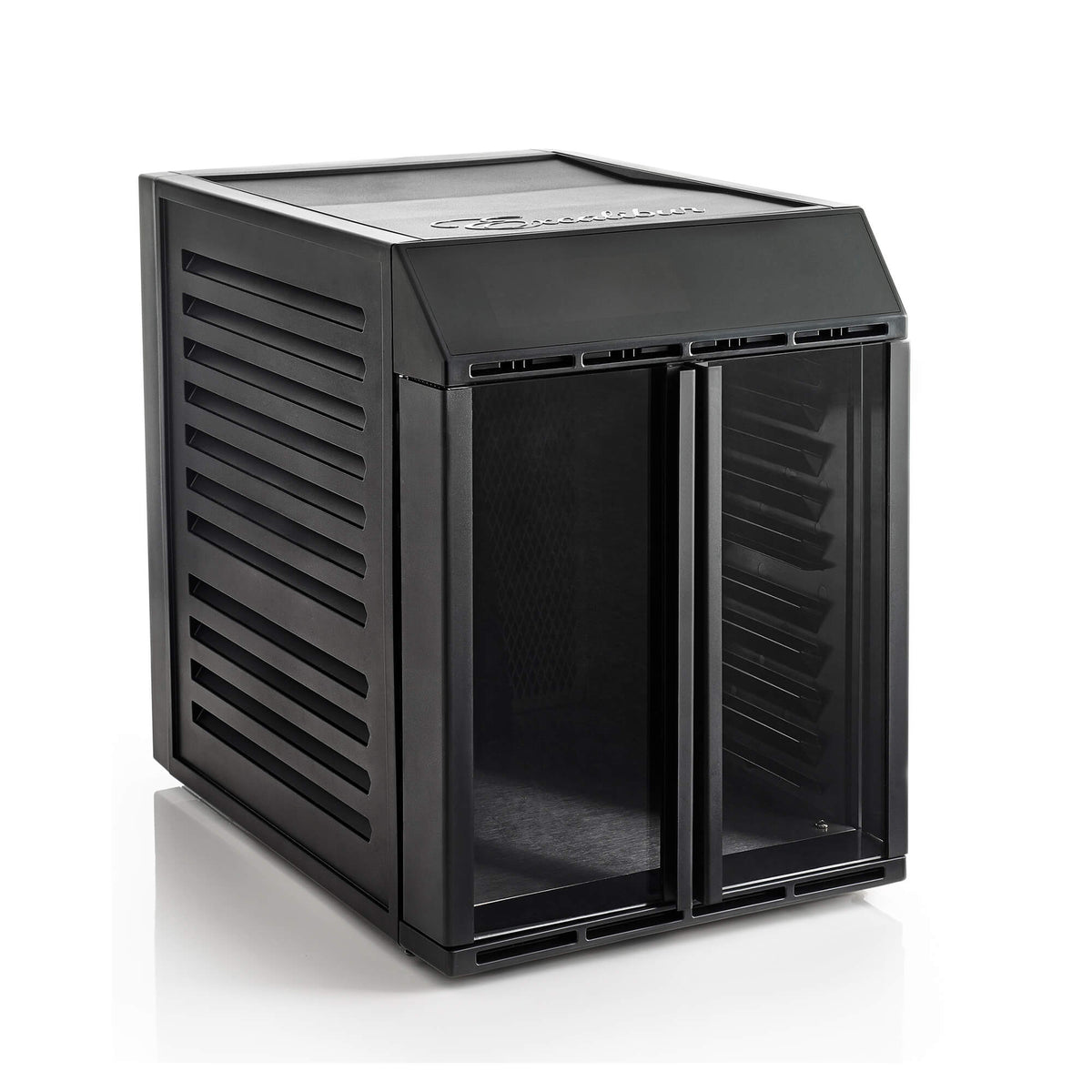 Excalibur RES10 10 tray compact digital dehydrator with clear hinged doors closed with display unlit and no trays loaded.