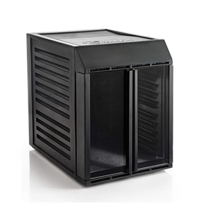 Excalibur RES10 10 tray compact digital dehydrator with clear hinged doors closed with display unlit and no trays loaded.
