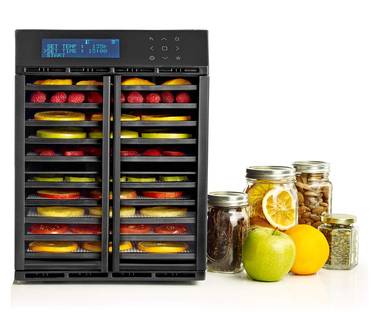 Excalibur RES10 10 tray compact digital dehydrator front view with clear hinged doors closed and food on the trays.