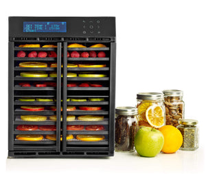Excalibur RES10 10 tray compact digital dehydrator front view with clear hinged doors closed and food on the trays.