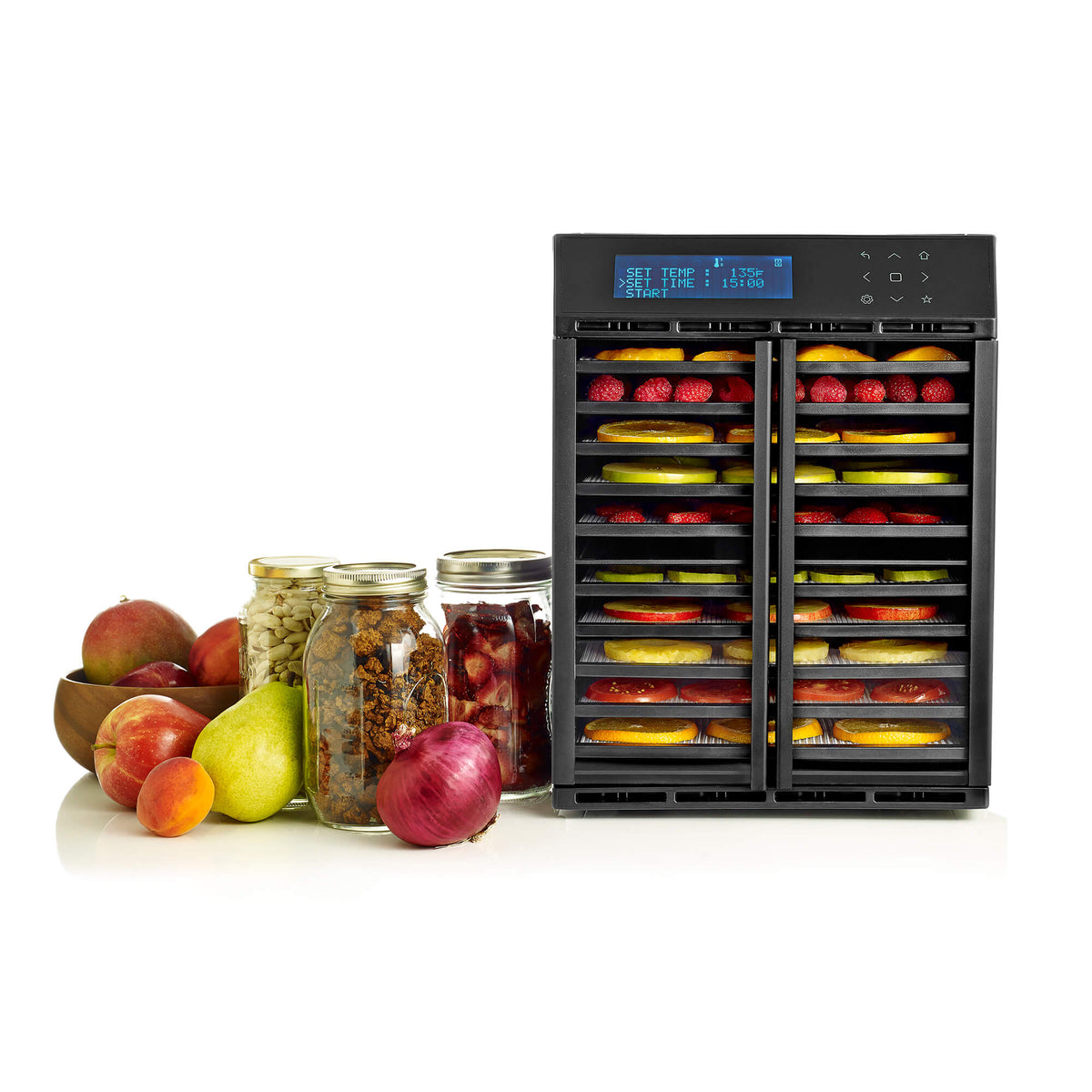 Excalibur RES10 10 tray compact digital dehydrator with clear hinged doors closed and food on the trays.