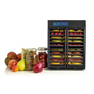 Excalibur RES10 10 tray compact digital dehydrator with clear hinged doors closed and food on the trays.