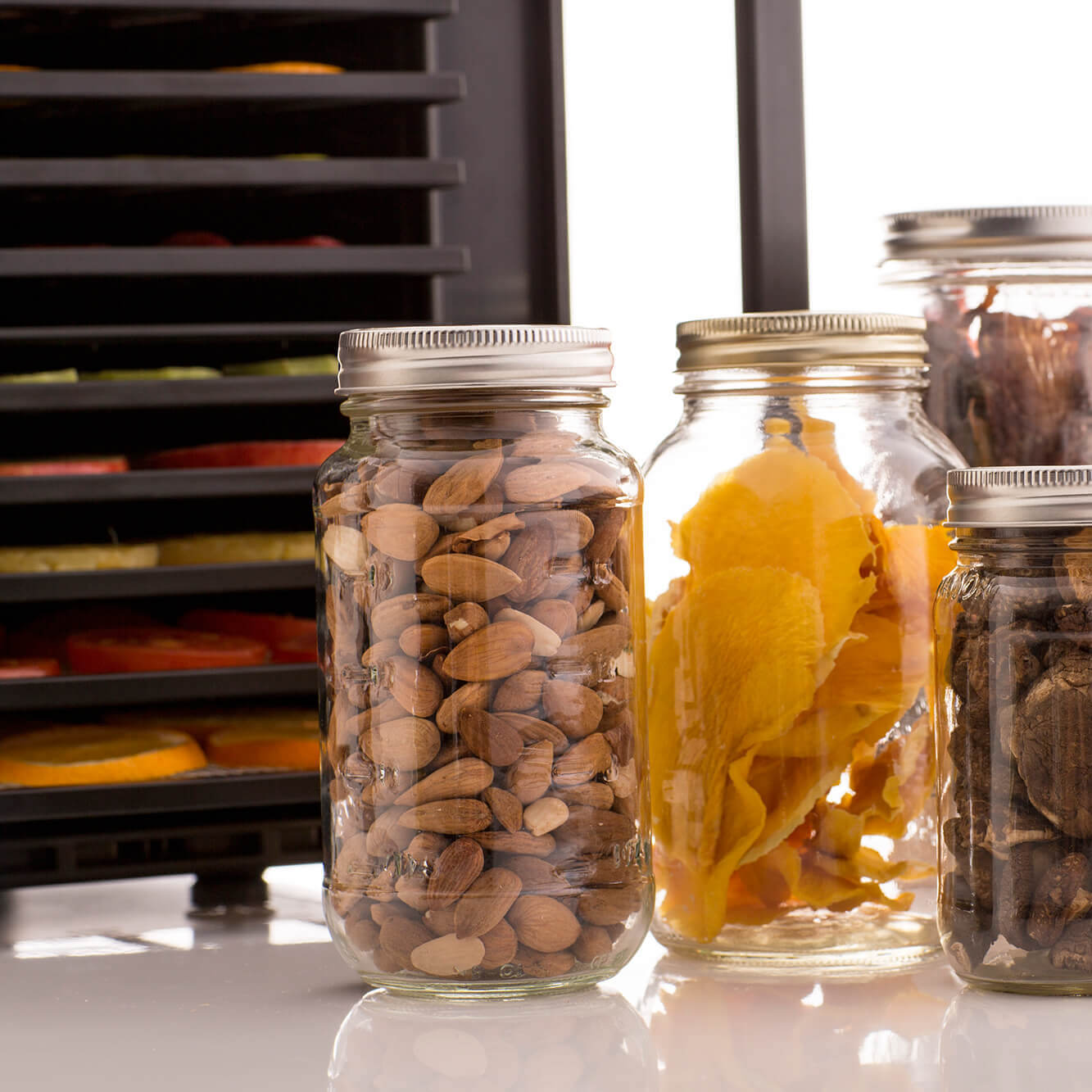 Glass jars filled with dried produce placed in front of an Excalibur RES10 dehydrator.