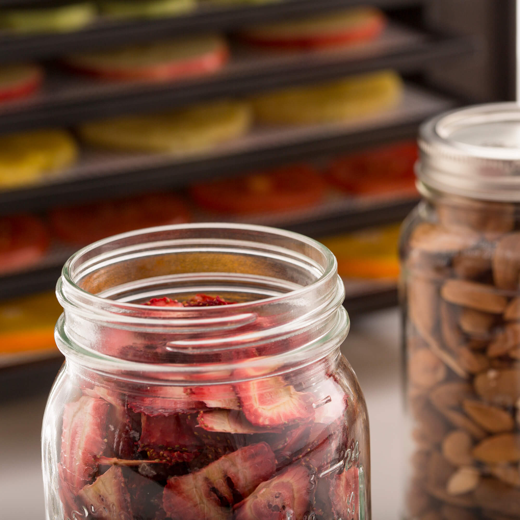 Closeup of glass jars filled with strawberries & nuts, placed in front of an Excalibur RES10 dehydrator.