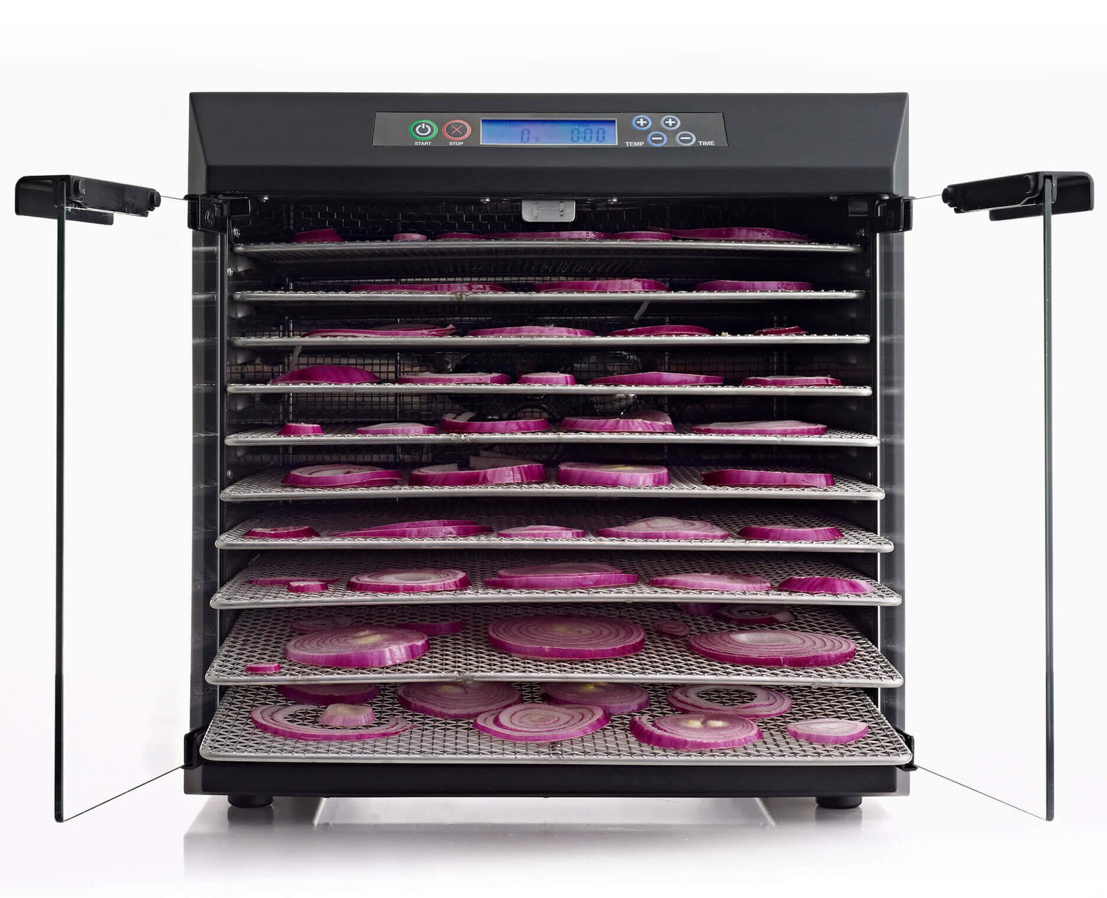 Excalibu EXC10EL 10 tray stainless steel dehydrator with doors open