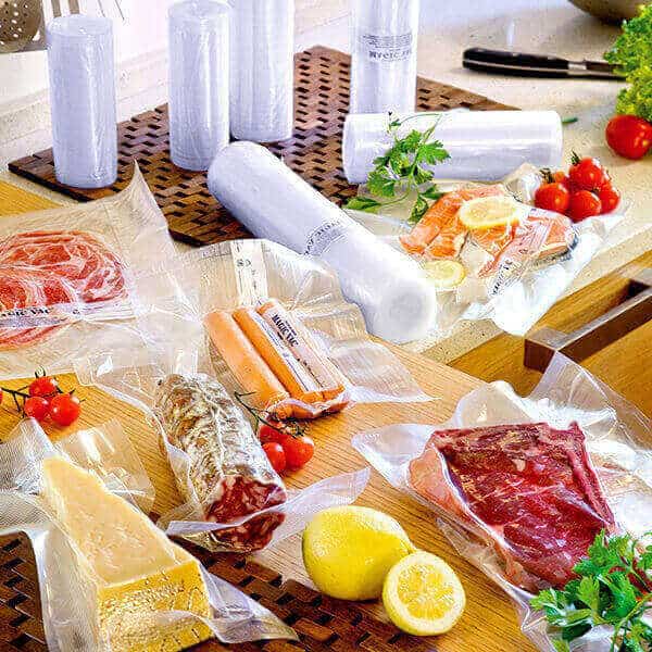Magic Vac vacuum packing bags filled with a variety of food.