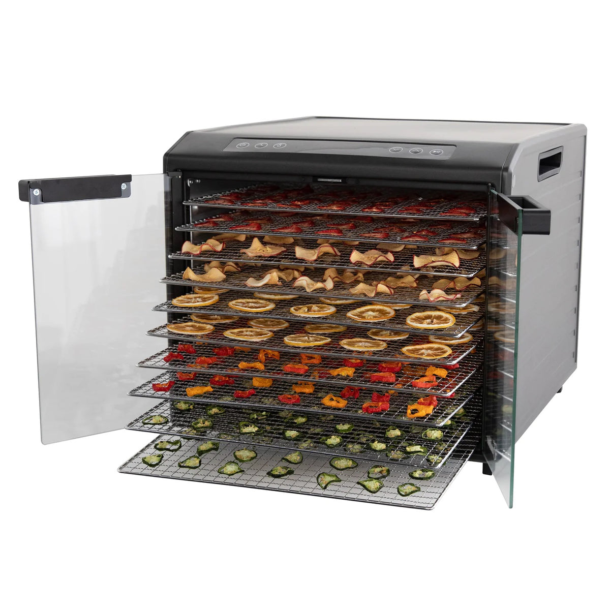 Excalibur DH10SC dehydrator with clear doors open and trays loaded with food.