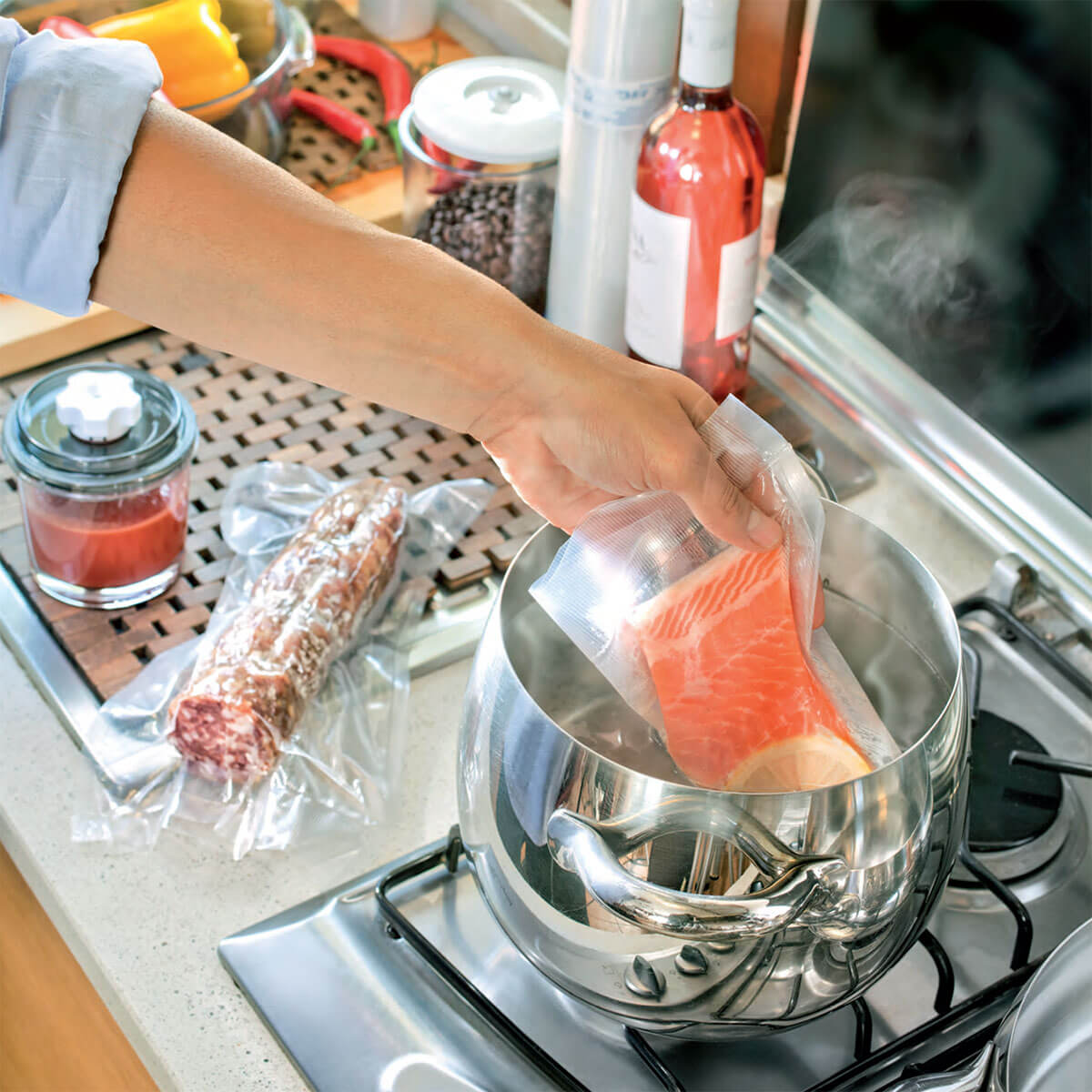 Magic Vac bag being used in sous-vide cooking.