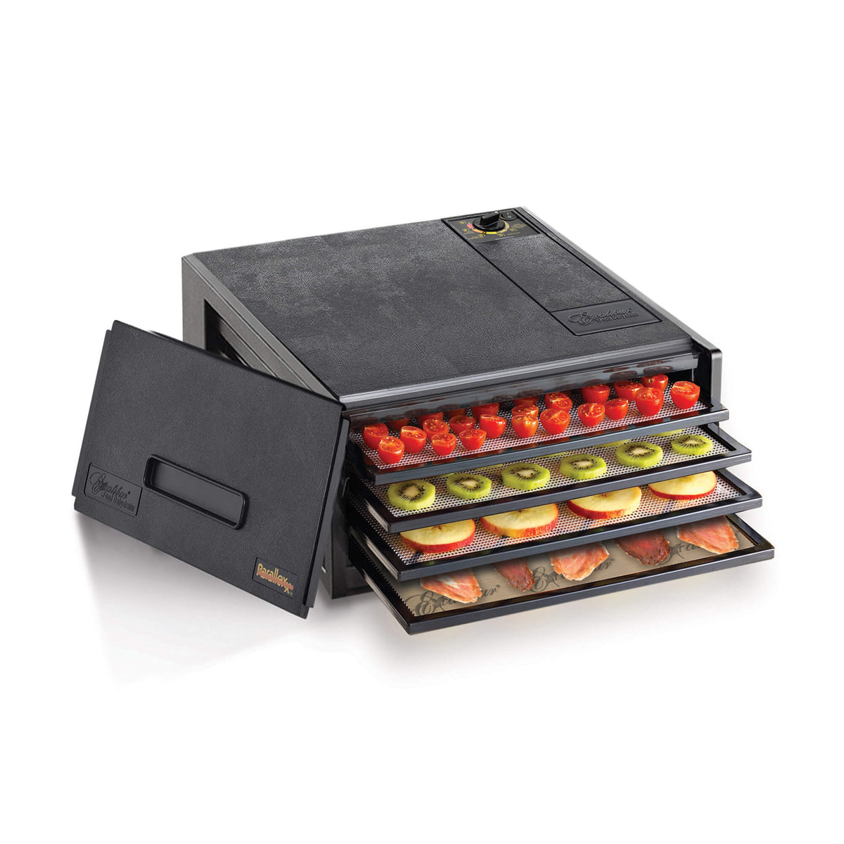 Excalibur 4400 4 tray compact dehydrator with door propped to the side and food on the trays.