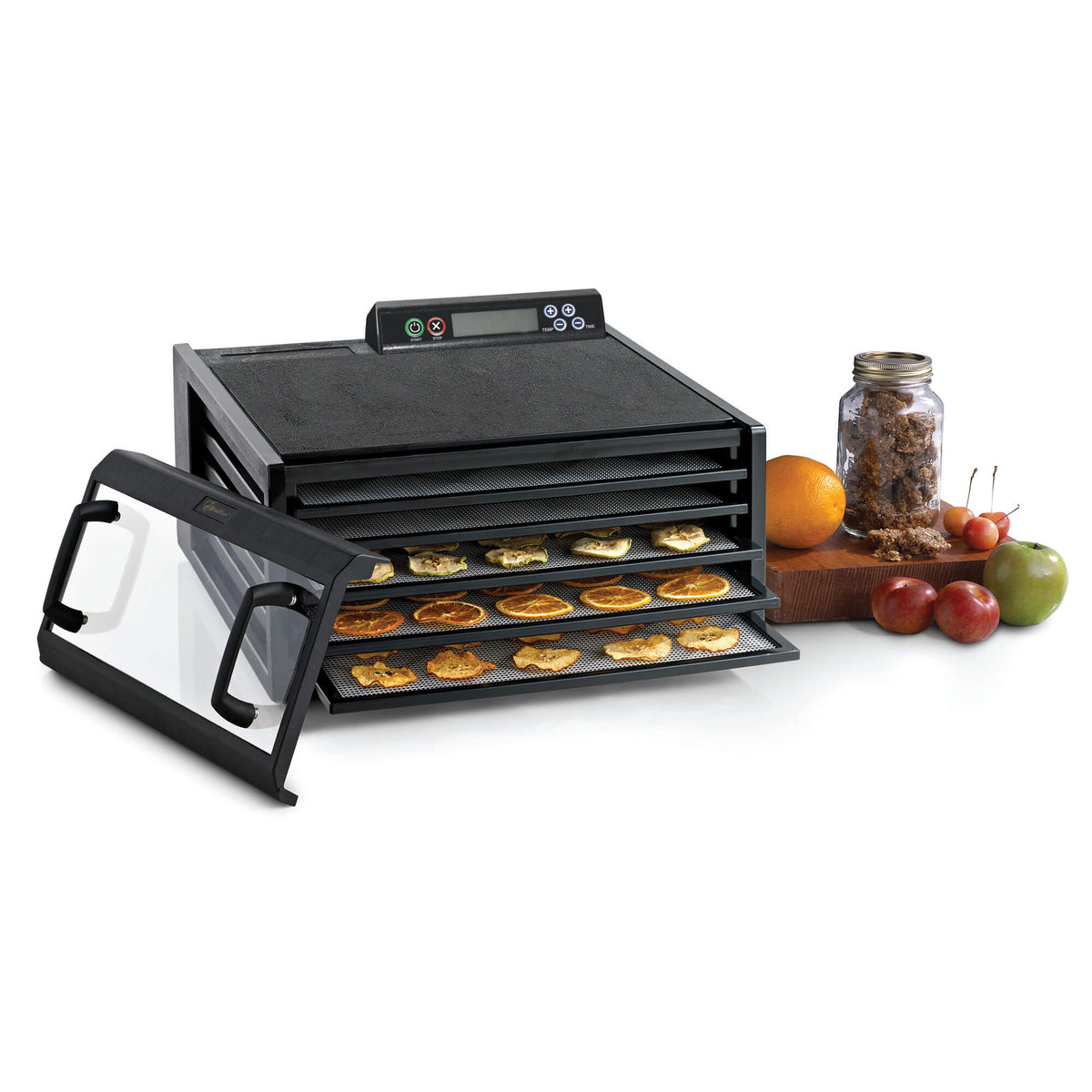 Excalibur 4548CDB 5 tray digital dehydrator with clear door propped to the side and food on the trays.
