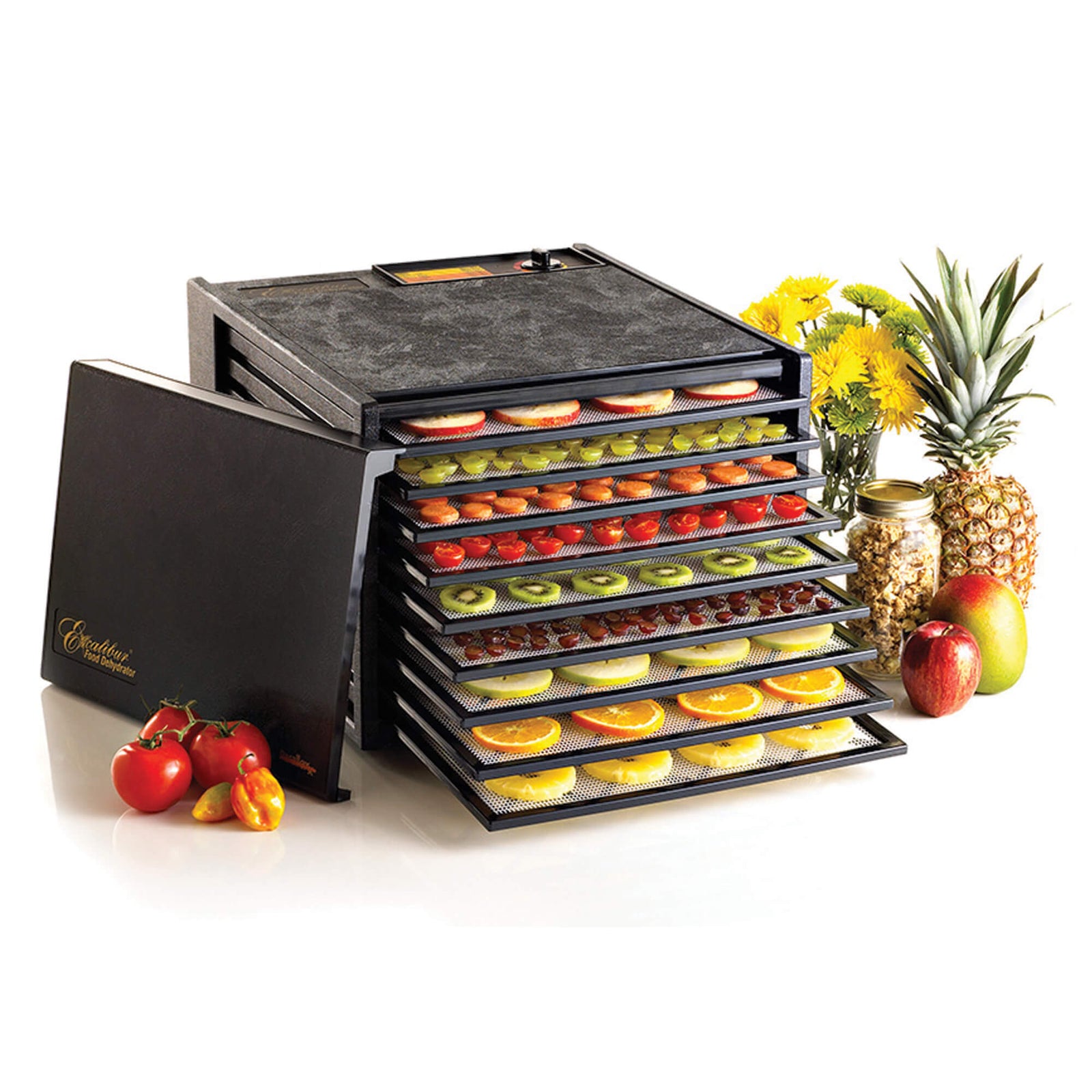 Excalibur 4900B 9 tray dehydrator with door propped to the side and food on the trays.