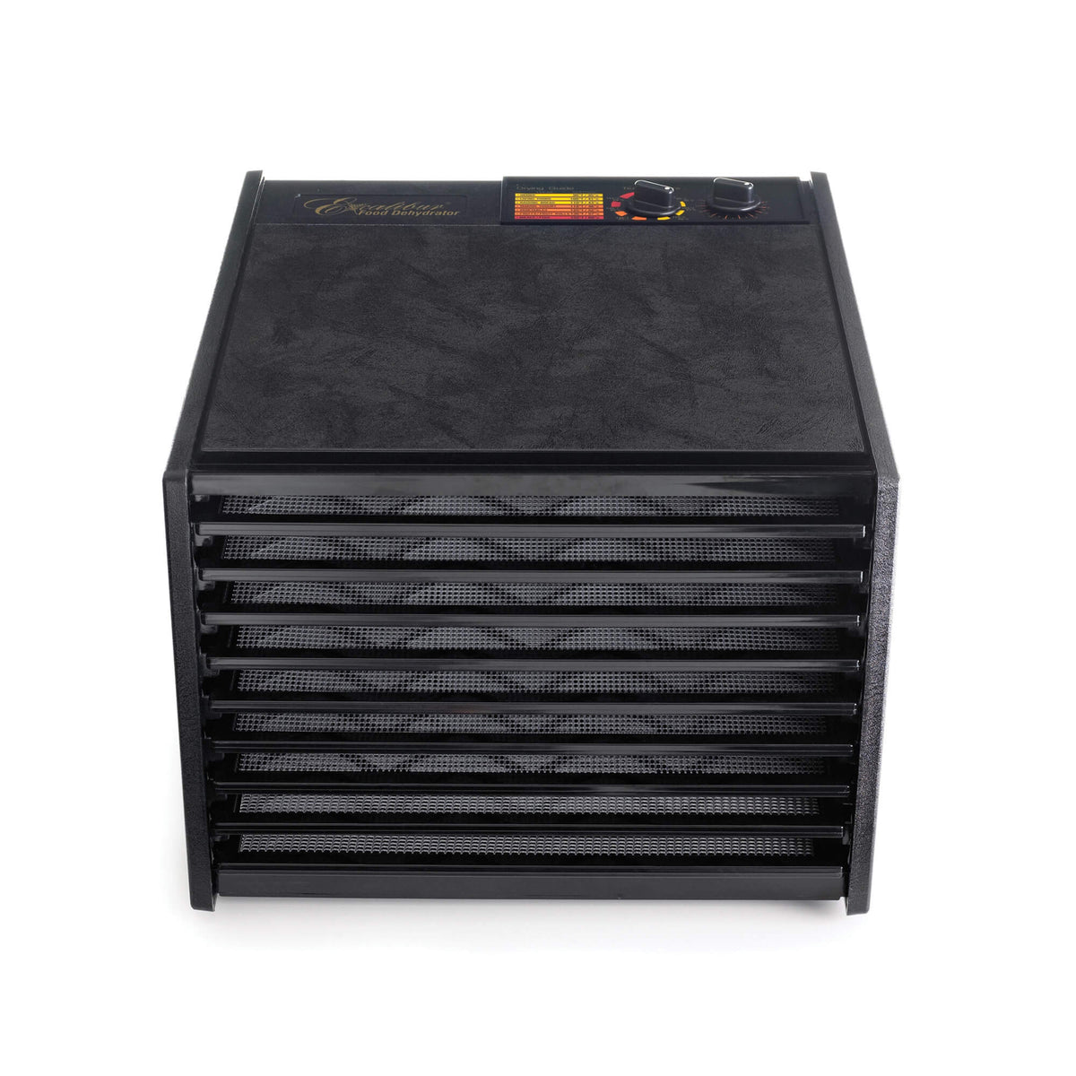Excalibur 4926TB black 9 tray dehydrator front view with door open and trays in.