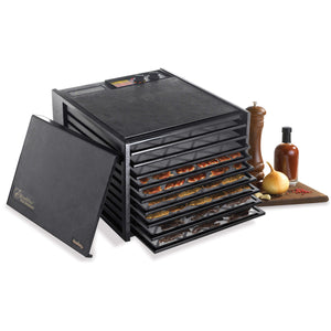 Excalibur 4926TB black 9 tray dehydrator with door propped to the side and jerky on the trays.