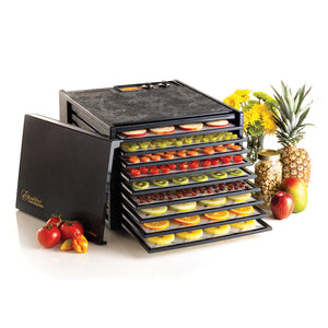 Excalibur 4926TB black 9 tray dehydrator with door propped to the side and food on the trays.