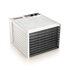 Excalibur 4926TW white 9 tray dehydrator with door open and trays in.