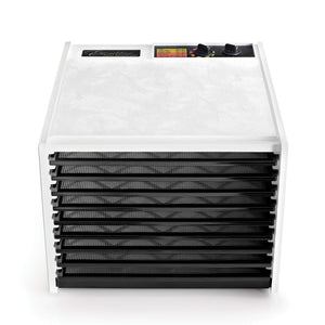 Excalibur 4926TW white 9 tray dehydrator front view with door open and trays in.