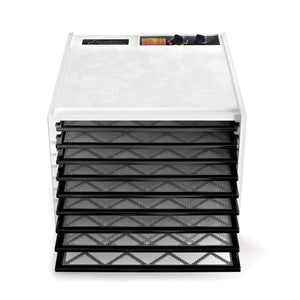 Excalibur 4926TW white 9 tray dehydrator front view with door open and trays pulled out.